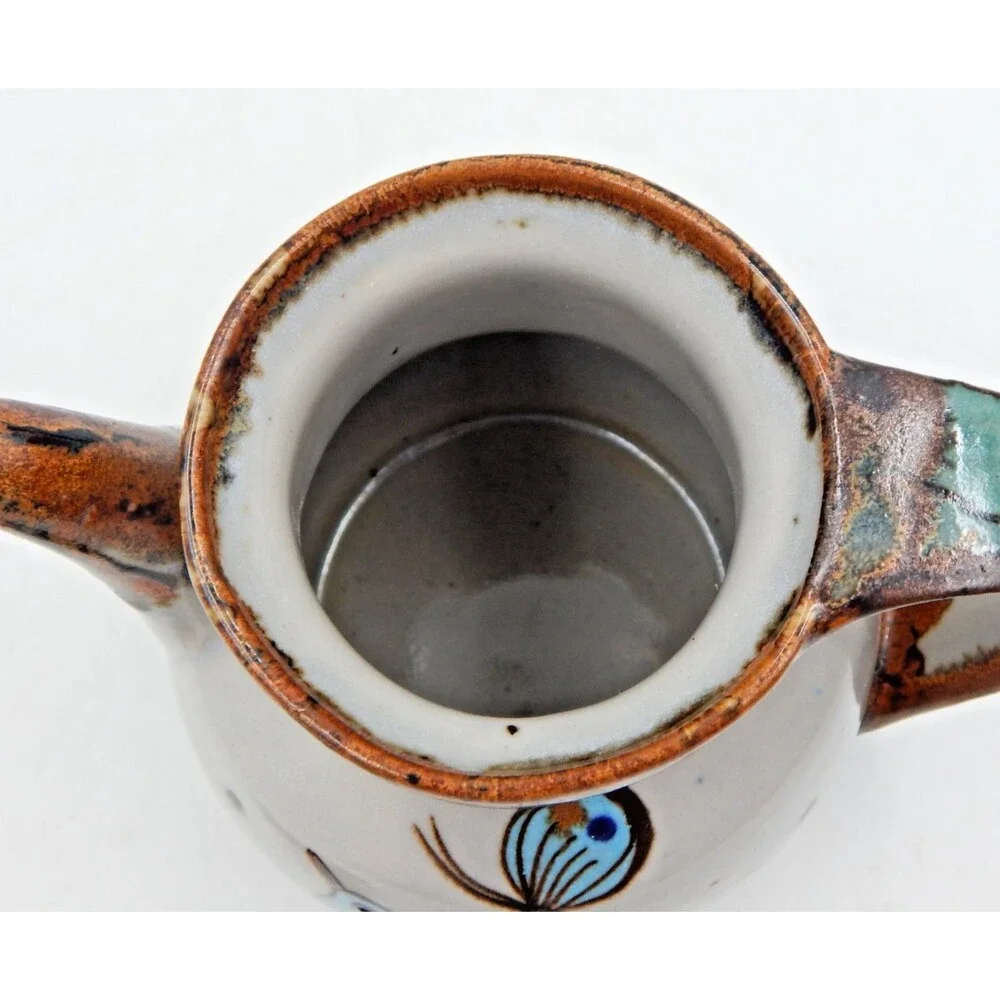 Tonala Ken Edwards Pottery Teapot Bird Butterfly Blue Brown 6 Inch